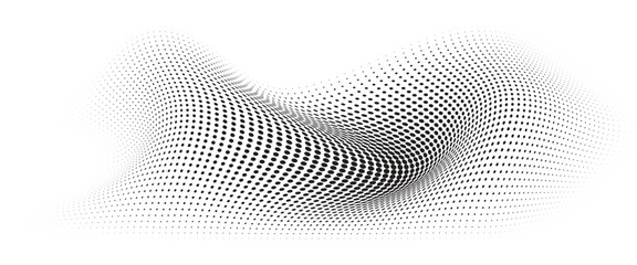 Flowing Wave Dot Halftone Pattern: Curve Gradient Shape on Transparent Background. Suitable for AI, Tech, Network, Digital, Science, and Technology Themes.