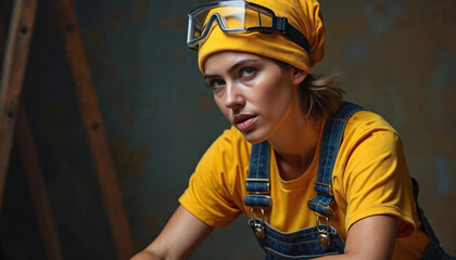 Woman worker in yellow bandana and blue overalls wears safety goggles indoors. She looks at camera with serious expression, ready for task. Construction female labor.