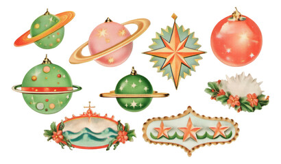 Colorful Vintage Christmas Ornaments Collection with Stars and Planets Design