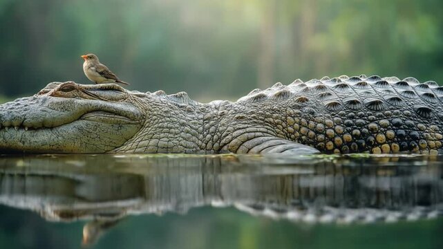 Sunlit crocodile rests by glassy water! as a small bird perches on its snout, serene under dawn glow