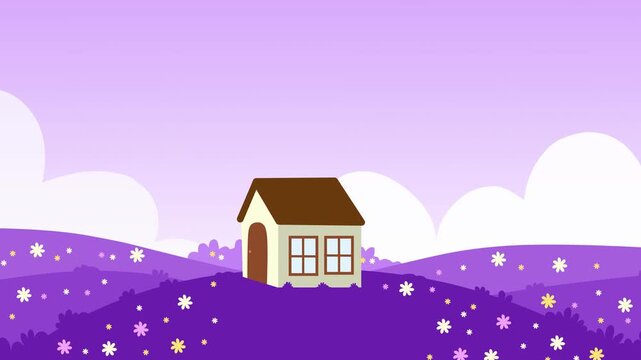Animated house on rolling purple hills with a blooming flower field under moving clouds background