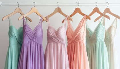 Variety of bridesmaid dresses hang on a rail in pastel colors. Elegant wedding gowns in soft shades on hangers. Dresses for a bridal