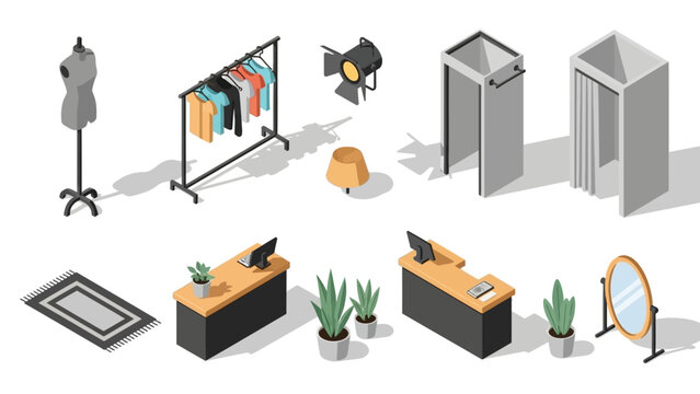 Isometric fashion boutique elements: mannequin, garment rack, fitting room, cash register