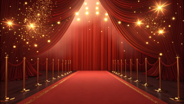 Luxury Red Curtain Entrance Background with Golden Lights and Rope Barriers