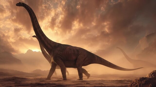 Two colossal sauropods stride across a hazy desert as orange sunset lights jagged clouds over dunes