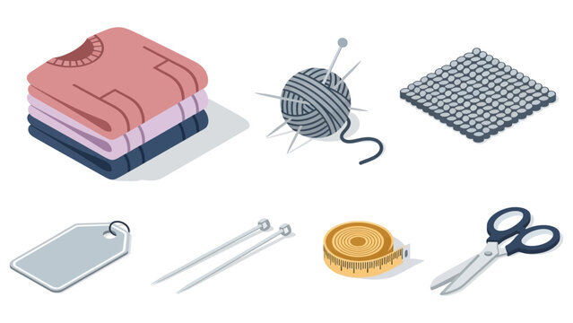 Isometric knitting and sewing tools set featuring yarn, needles, and more