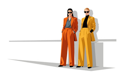 Chic fashionable women in bold pantsuits with sunglasses