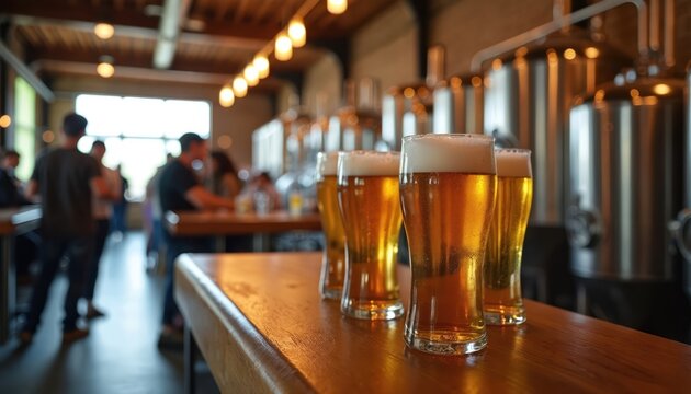 Four glasses of golden beer with foam sit on a wooden bar counter in a modern brewery. Patrons socialize in background near fermentation tanks during tour. Craft beer tasting event.