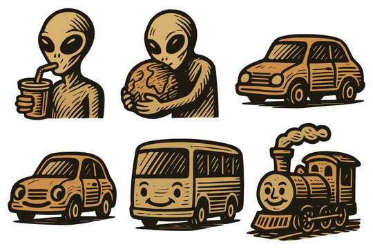 Retro style alien and vintage transportation sketches with earth and beverages