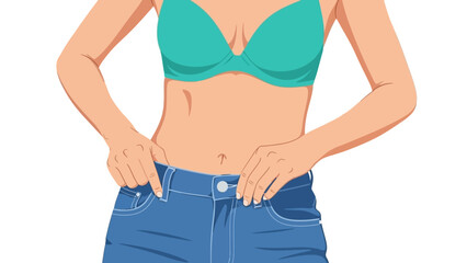 Woman adjusting jeans in green top: fashion and style concept