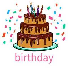 Birthday Cake Illustration with Candles and Confetti, Celebration Party Design on Black Background