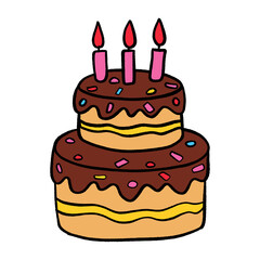 Birthday Cake Illustration with Candles and Confetti, Celebration Party Design on Black Background