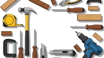 Diy tools frame with hammer, drill, and wood elements in flat design