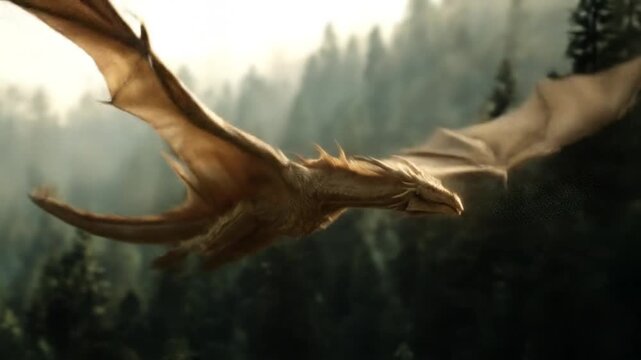 A amberbrown pterosaur glides above misty forest at dawn, wings spread, tracing a vast dark shadow