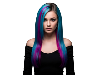 Striking Young Woman with Vibrant Blue and Magenta Ombre Hair, Long Straight Hairstyle, Confident Gaze, a Modern Beauty and Fashion Portrait, isolated on transparent background.