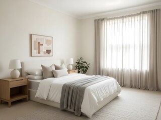 Fototapeta premium Serene bedroom retreat with minimalist decor and soft natural lighting