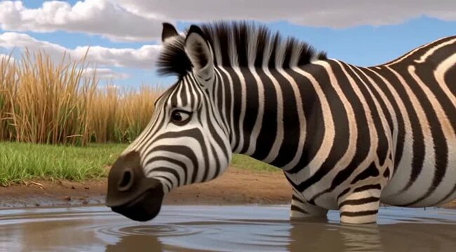 Zebra drinking from serene savannah waterhole under blue sky