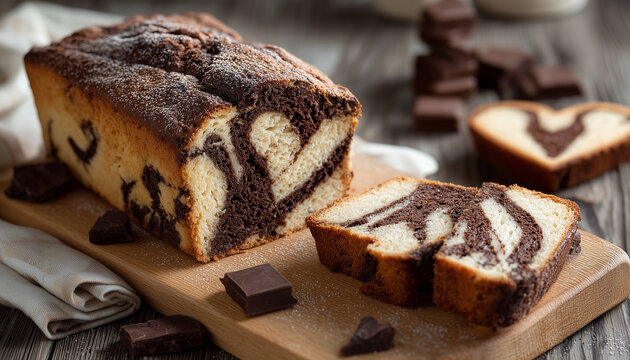 Delicious homemade marble cake with chocolate and vanilla swirls on a wooden board. Sliced loaf cake for dessert or breakfast. Perfect