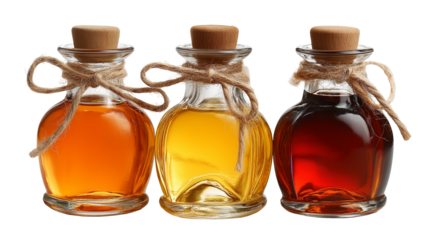 Glass Bottles with Natural Oils and Honey, Rustic Gourmet Ingredients in Transparent Glass Jars Isolated on Transparent Background for Food, Packaging and Commercial Design

