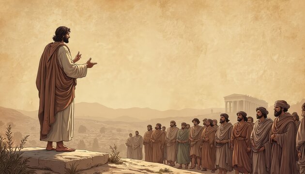 Man in ancient robes preaches to a crowd of followers in Athens near a temple. Biblical scene, rocky terrain, sunlit sky, historical setting, spiritual teaching, group listens intently.