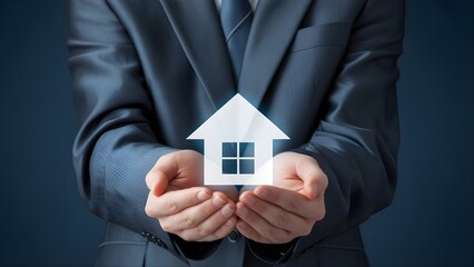Businessman protecting house icon with hands showing home insurance and property security