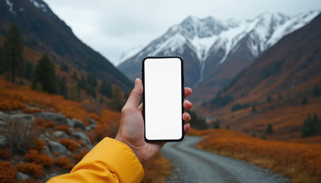 Hand holds blank phone screen against autumnal mountain landscape. Guy uses mobile device for navigation or photos while hiking a scenic dirt road. Nature view.