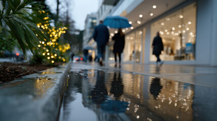 Obraz premium A romantic scene features couples walking with umbrellas under the rain, beautifully illuminated by nearby shop lights, capturing the charm of a rainy day in the city.