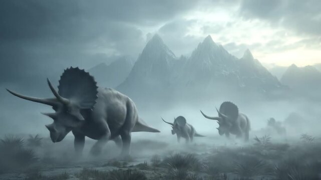 Ancient herd of ceratopsians trudges through misty valley beneath blue-gray peaks at first light