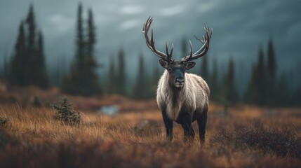 Obraz premium Majestic Caribou Stands Proudly in Wild Canadian Wilderness Portrait