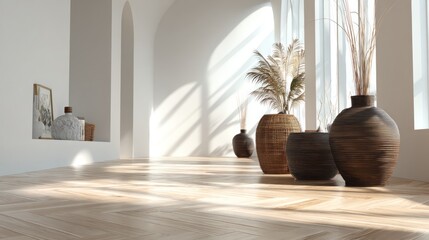Serene Interior with Natural Light and Earthen Toned Vases and Wooden Flooring