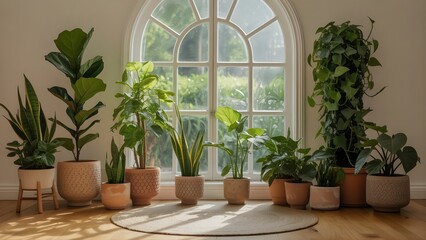 Indoor plants by arched window with natural light and woven rug in serene home setting