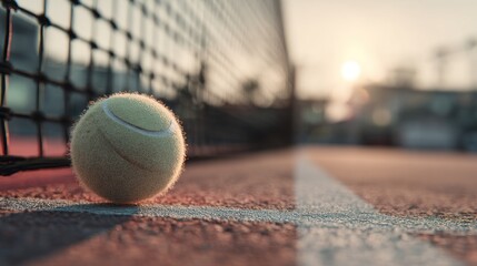 Tennis ball resting on the court during a sunset for training time