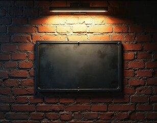 Dark blank signboard mounted on rustic red brick wall. Spotlight illuminates empty copy space above the sign. Simple background for text or graphics.