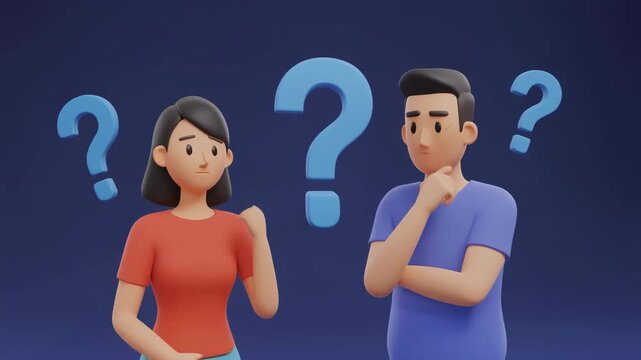 3D cartoon illustration of a puzzled young couple standing against a dark blue background with multiple question marks.