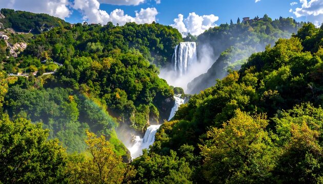 Beautiful cascading marmore waterfalls surrounded by lush green vegetation