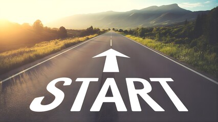 Motivational road with START sign and sunrise for new journey or fresh beginning