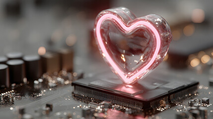Futuristic heart-shaped digital clock on circuit board with glowing neon lights and bokeh effect, representing technology and love concept.