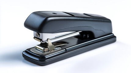 Professional office stapler isolated on white background, black desk accessory, stationery equipment, business tool, workspace supply photography, with copy space