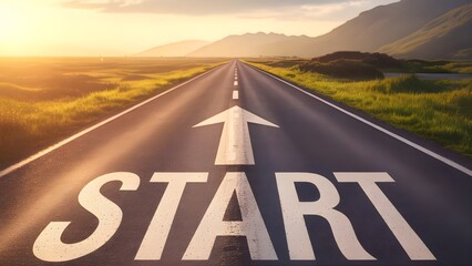 Motivational road with START sign and sunrise for new journey or fresh beginning
