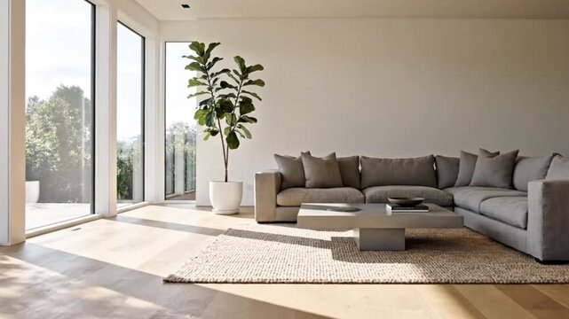 Sunlit modern minimalist living room interior with grey sectional sofa