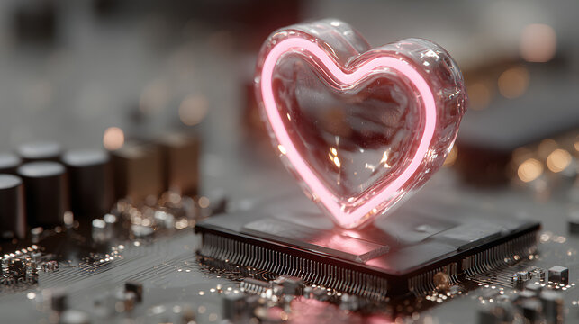 Futuristic heart-shaped digital clock on circuit board with glowing neon lights and bokeh effect, representing technology and love concept. - Powered by Adobe