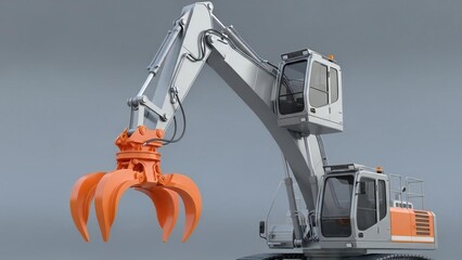 Dynamic 3D Render of an industrial material handler with grapple attachment on a clean background.