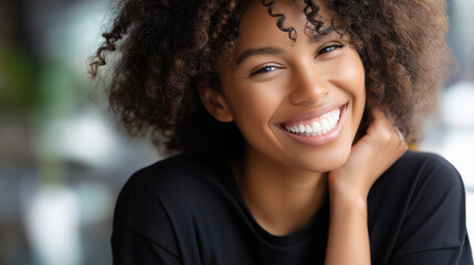 Fototapeta premium Young person with textured hair smiling faceless, perfect smile expression, white teeth, joyful portrait, happiness representation, defocused background, with copy space