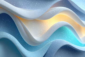 An abstract composition with soft, wavy layers, executed in a cool blue and turquoise palette with a warm light accent.  