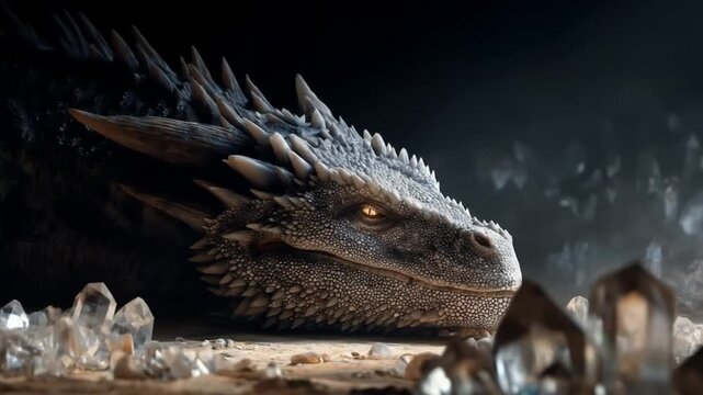 Dark dragon reclines among jagged crystals, rugged scales, amber eye, and a silent, arid calm below