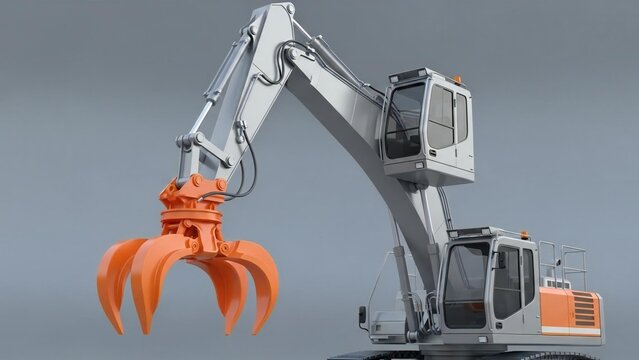 Dynamic 3D Render of an industrial material handler with grapple attachment on a clean background.
