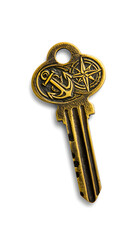Vintage brass key, high detail engraving, isolated on #ffffff, soft drop shadow, product shot, no text