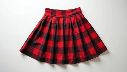 Red black buffalo plaid pleated skirt laid flat. Versatile fashion item features classic checkered pattern, ideal for casual seasonal outfits. Perfect for young girls, teens, offers comfort, style.