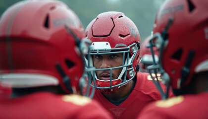 American football players gather in a close huddle, wearing red helmets and uniforms. They appear focused, ready for the next play during a game or practice session on a wet field.
