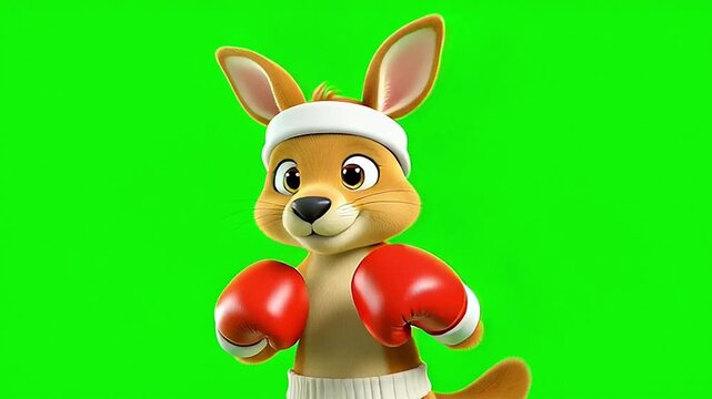 Animated kangaroo wearing boxing gloves and headband standing against green screen